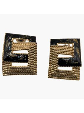 Vintage Gold Black Earrings Geometric Square Post